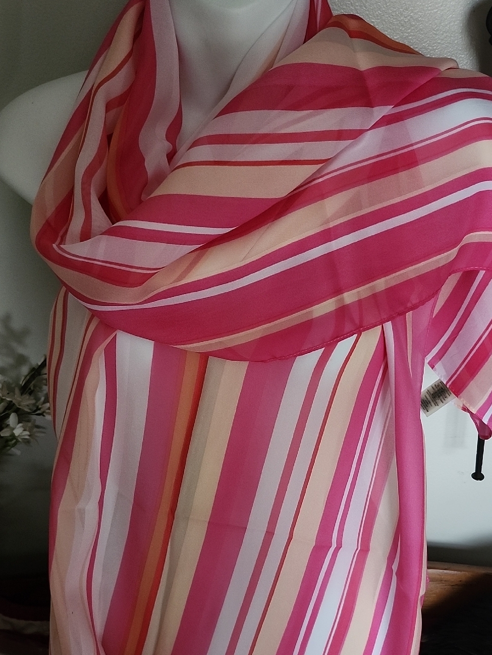 Calvin Klein Pink and Cream Striped Sheer Scarf